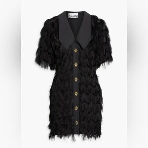 GANNI Fringed woven black dress